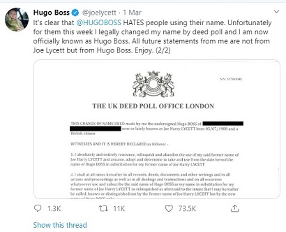 Joe Lycett change his name to Hugo Boss