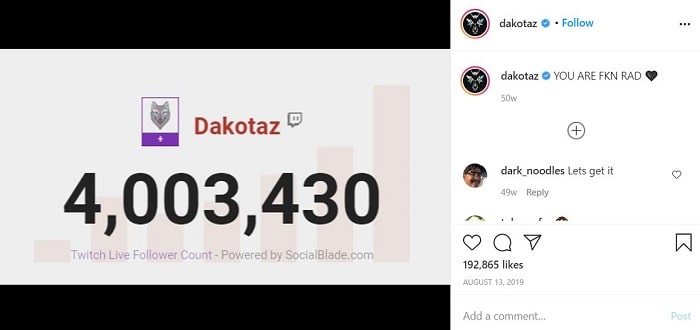 Dakotaz hit 4 million on Twitch on August 13, 2019