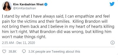 The tweet aof Kim in favour of Brandon Bernard to Donald Trump