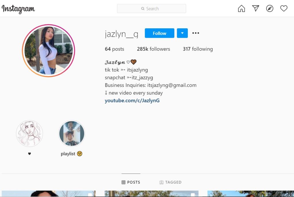 Jazlyn G Instagram account