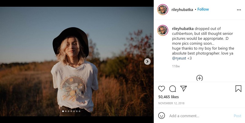 Riley Hubatka Instagram debut post