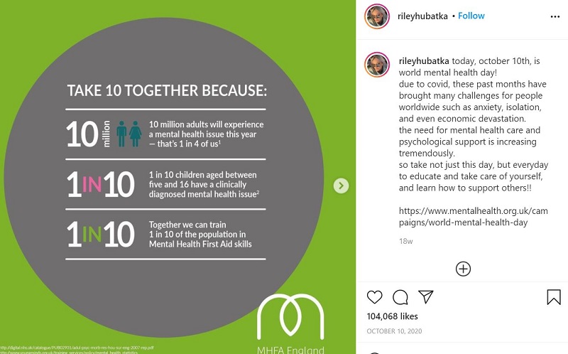 Riley Hubatka aware her fans on world mental health day
