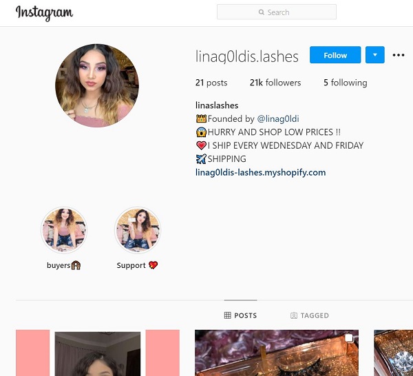 Lina Goldi's eyelash firm has an official IG account