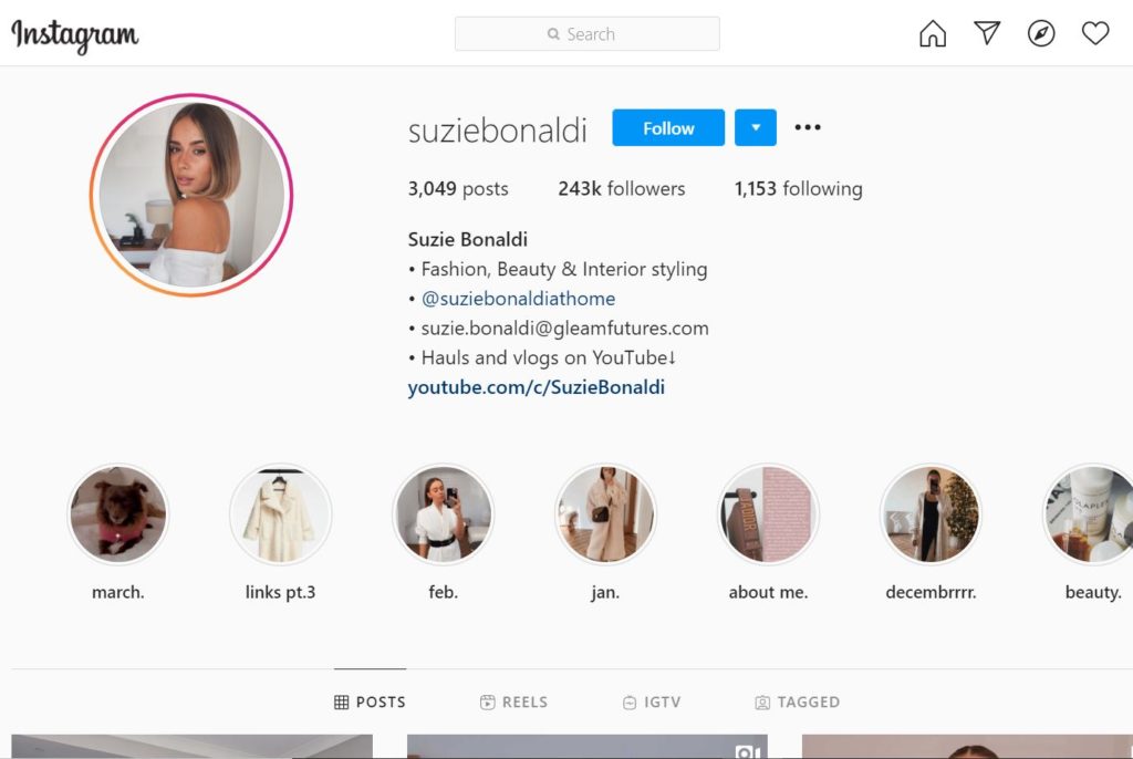 Suzie Bonaldi Instagram account