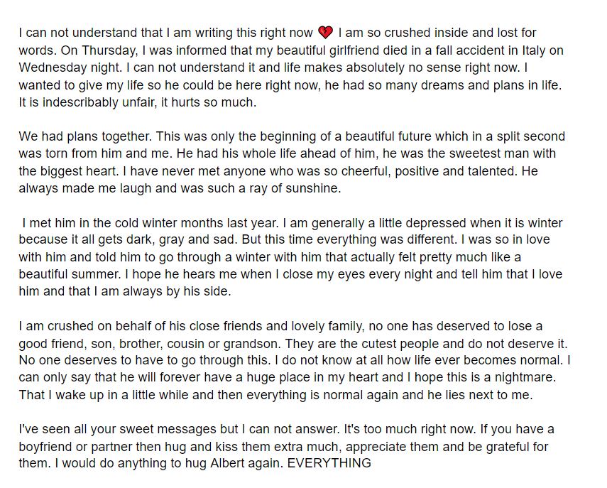Albert Dyrlund girlfriend Maria J. Andersen Emotional message After his death