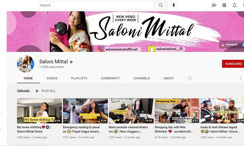 Saloni Mittal has 1.22 million subscribers on YouTube