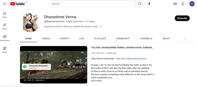 Dhanashree Verma YouTube channel