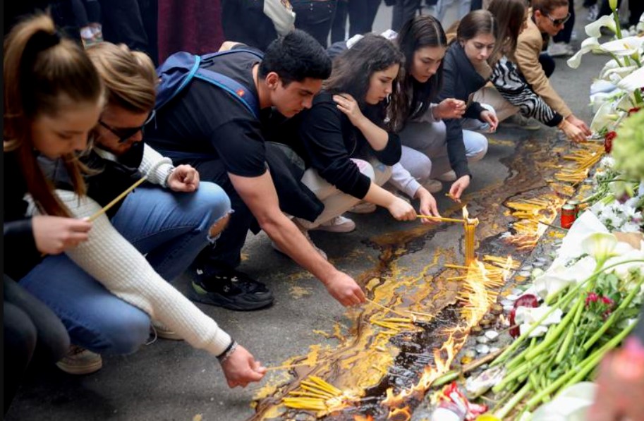 Students and Parents light candles near school in Belgrade, Serbia