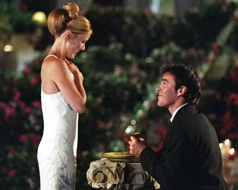 Trista Sutter on the set of The Bachelorette with Ryan Sutter