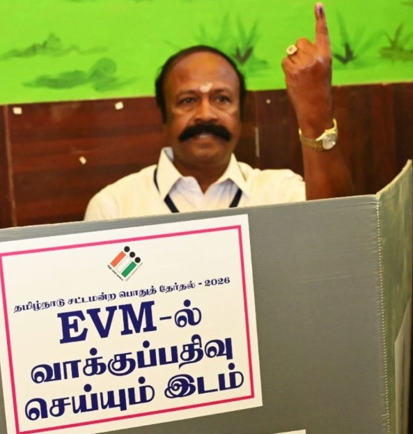 K. R. Periyakaruppan during the voting day on 23 April 2026